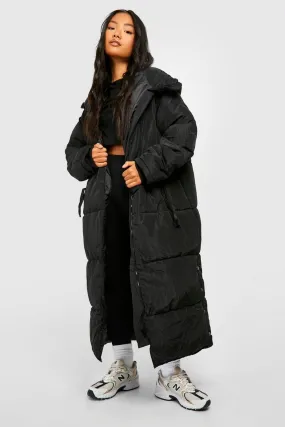 PETITE HOODED LONGLINE PUFFER JACKET-BLACK