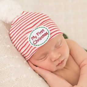 Red and White Striped My First Christmas Hospital Hat With White Pom Pom Newborn Hospital Hat for Christmas Newborns