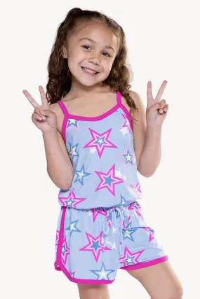 Simply Soft Strappy Dolphin Short Romper - Chambray Fuchsia Star