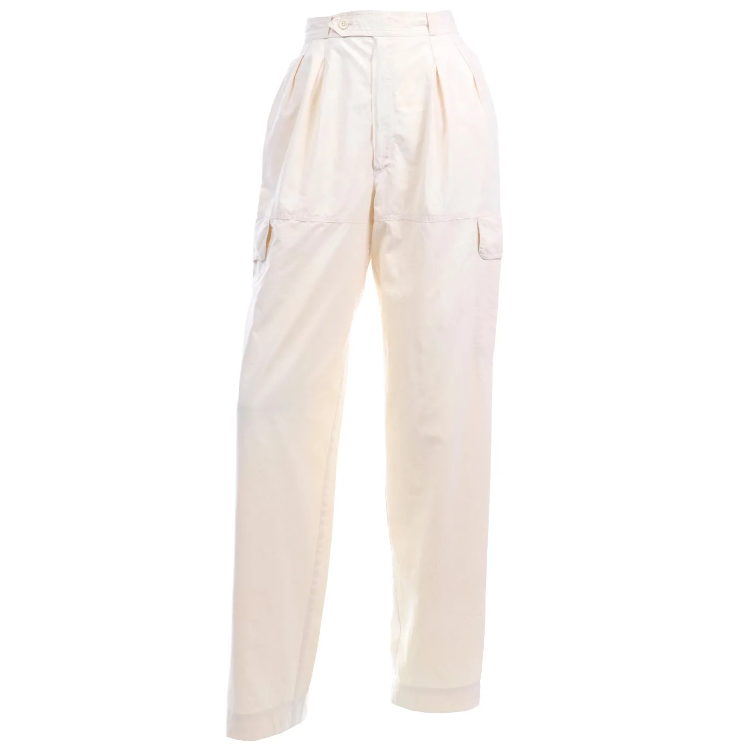 1980s Yves Saint Laurent Cream High Waisted Pants w Cargo Pockets