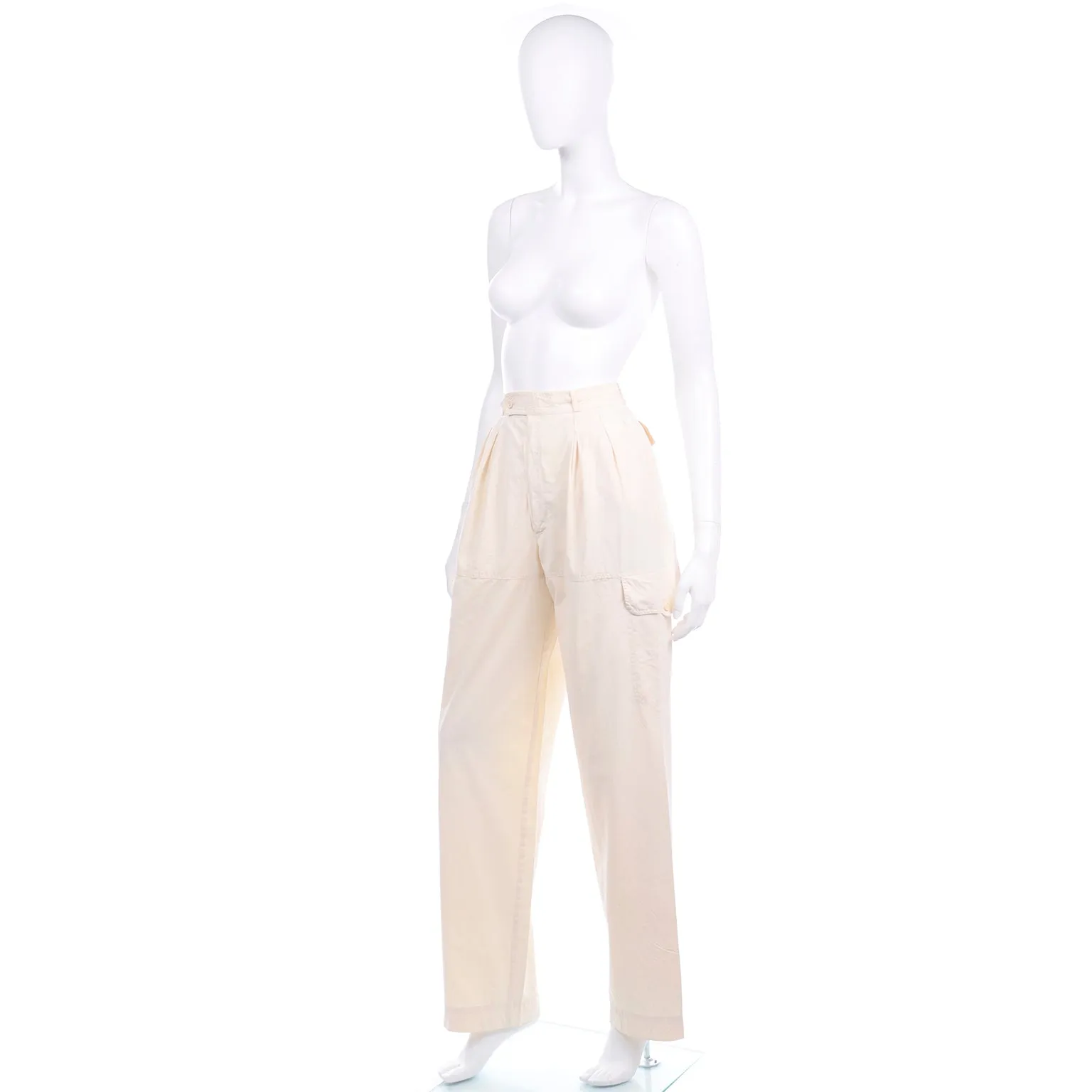 1980s Yves Saint Laurent Cream High Waisted Pants w Cargo Pockets