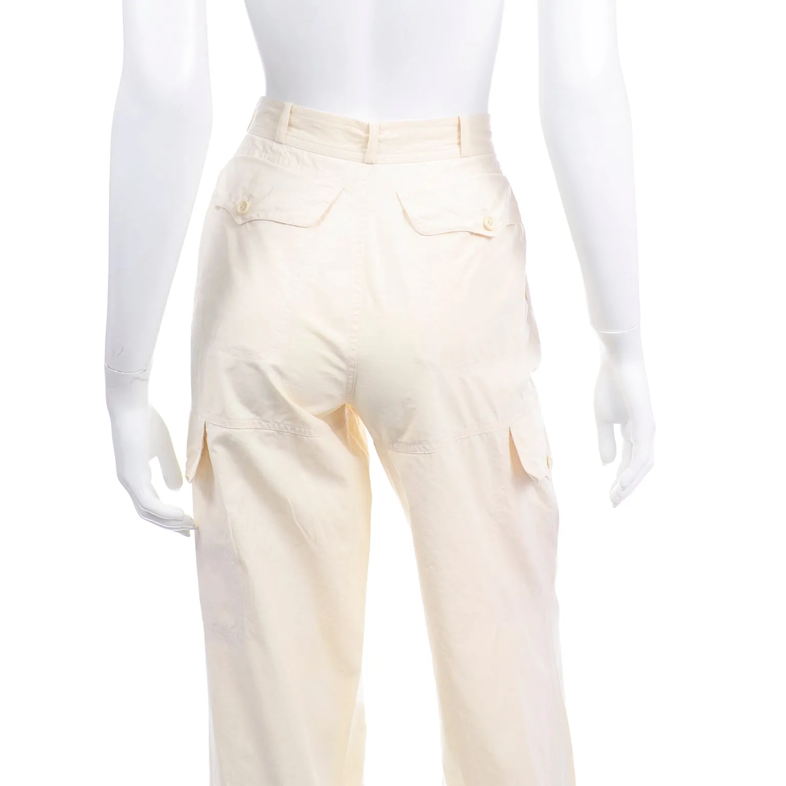 1980s Yves Saint Laurent Cream High Waisted Pants w Cargo Pockets