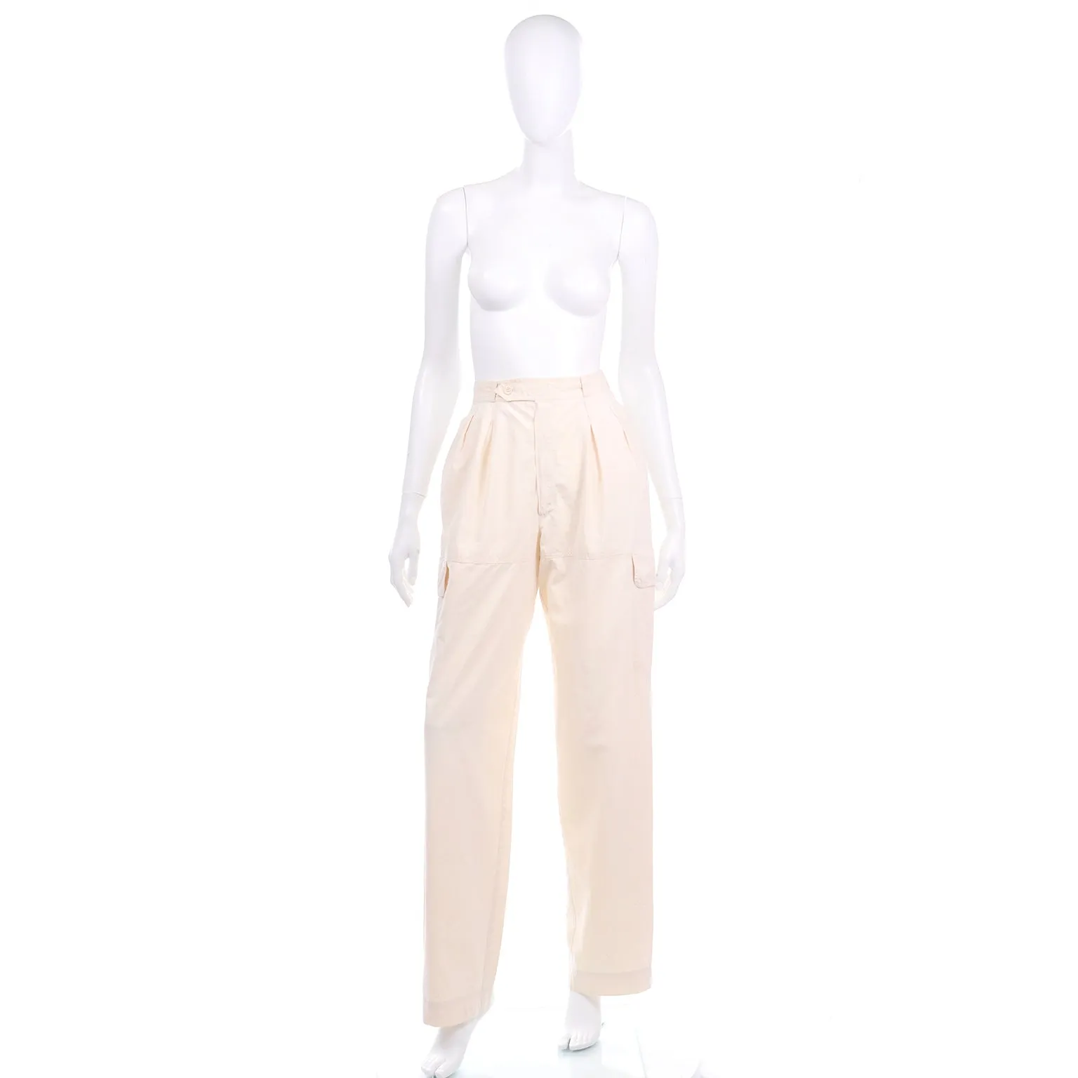 1980s Yves Saint Laurent Cream High Waisted Pants w Cargo Pockets