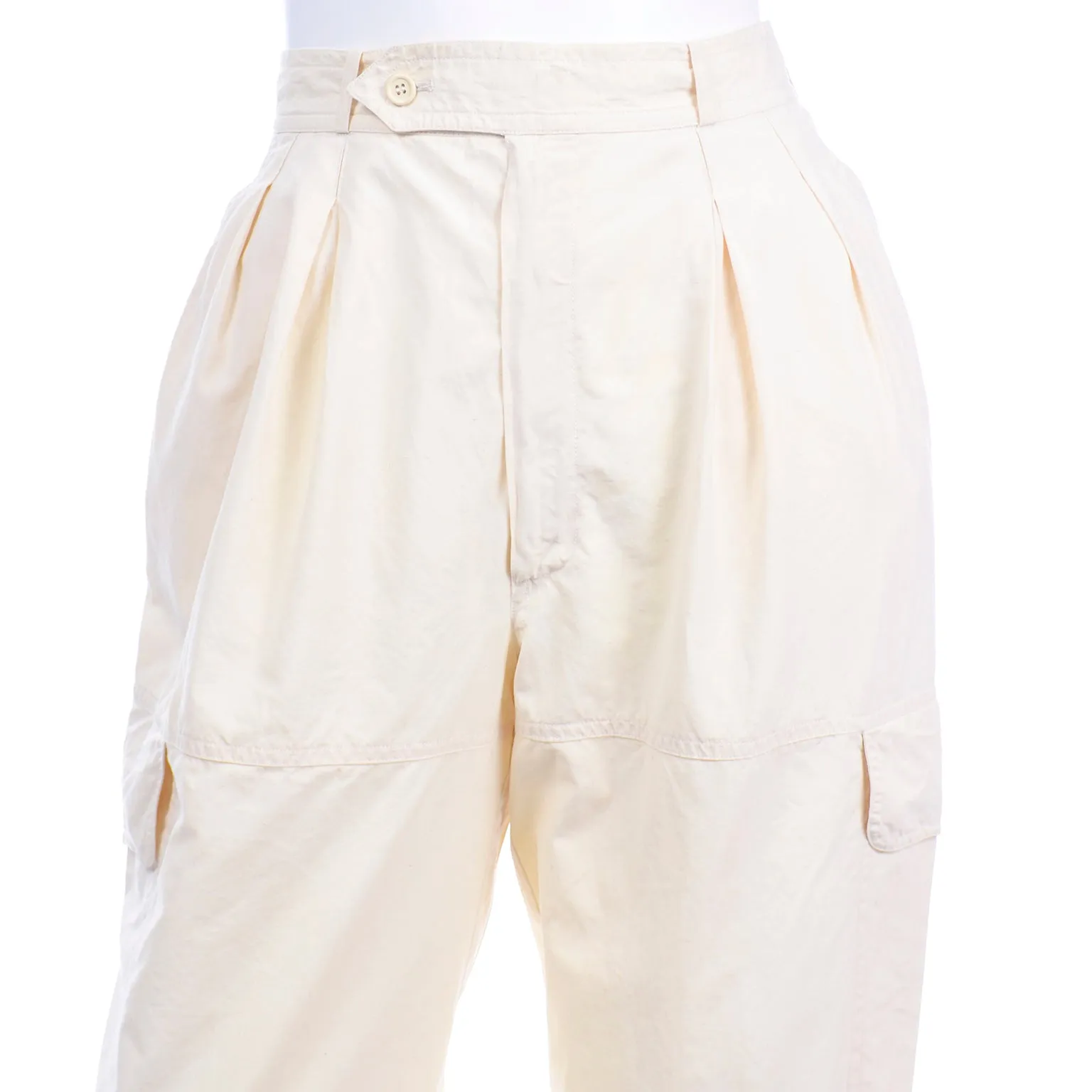 1980s Yves Saint Laurent Cream High Waisted Pants w Cargo Pockets