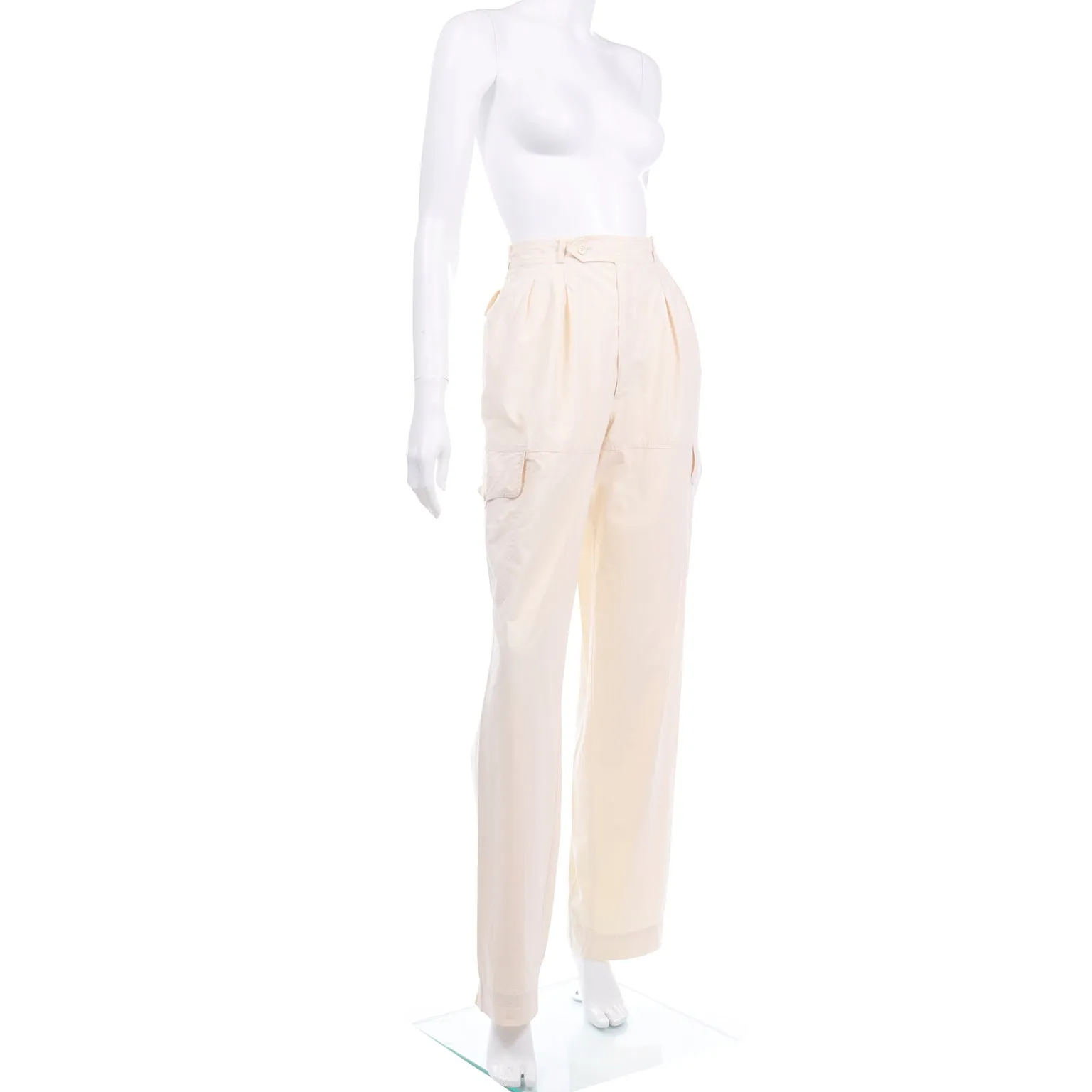 1980s Yves Saint Laurent Cream High Waisted Pants w Cargo Pockets