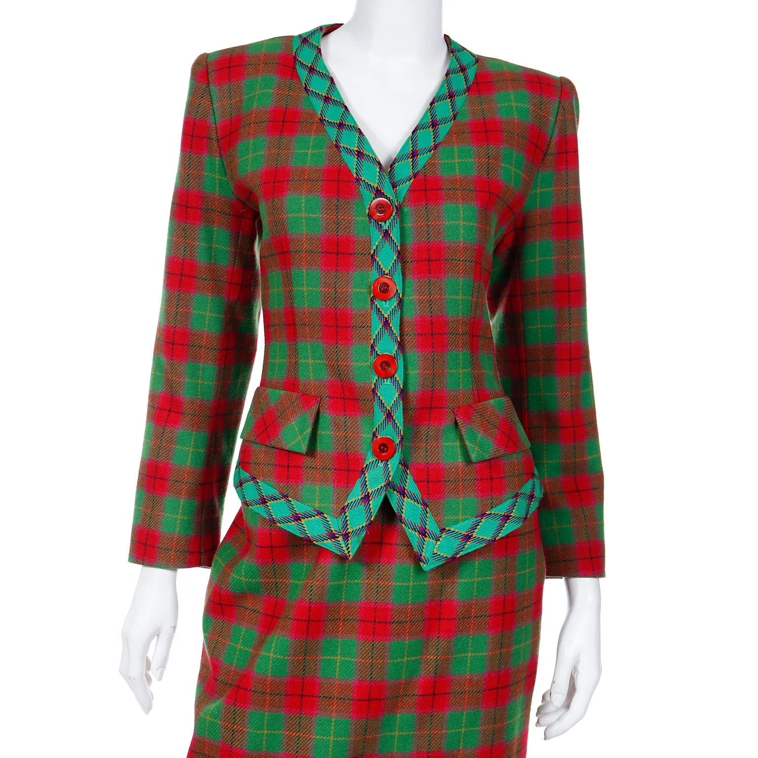 1995 Yves Saint Laurent Red & Green Plaid Cashmere & Wool Skirt Suit