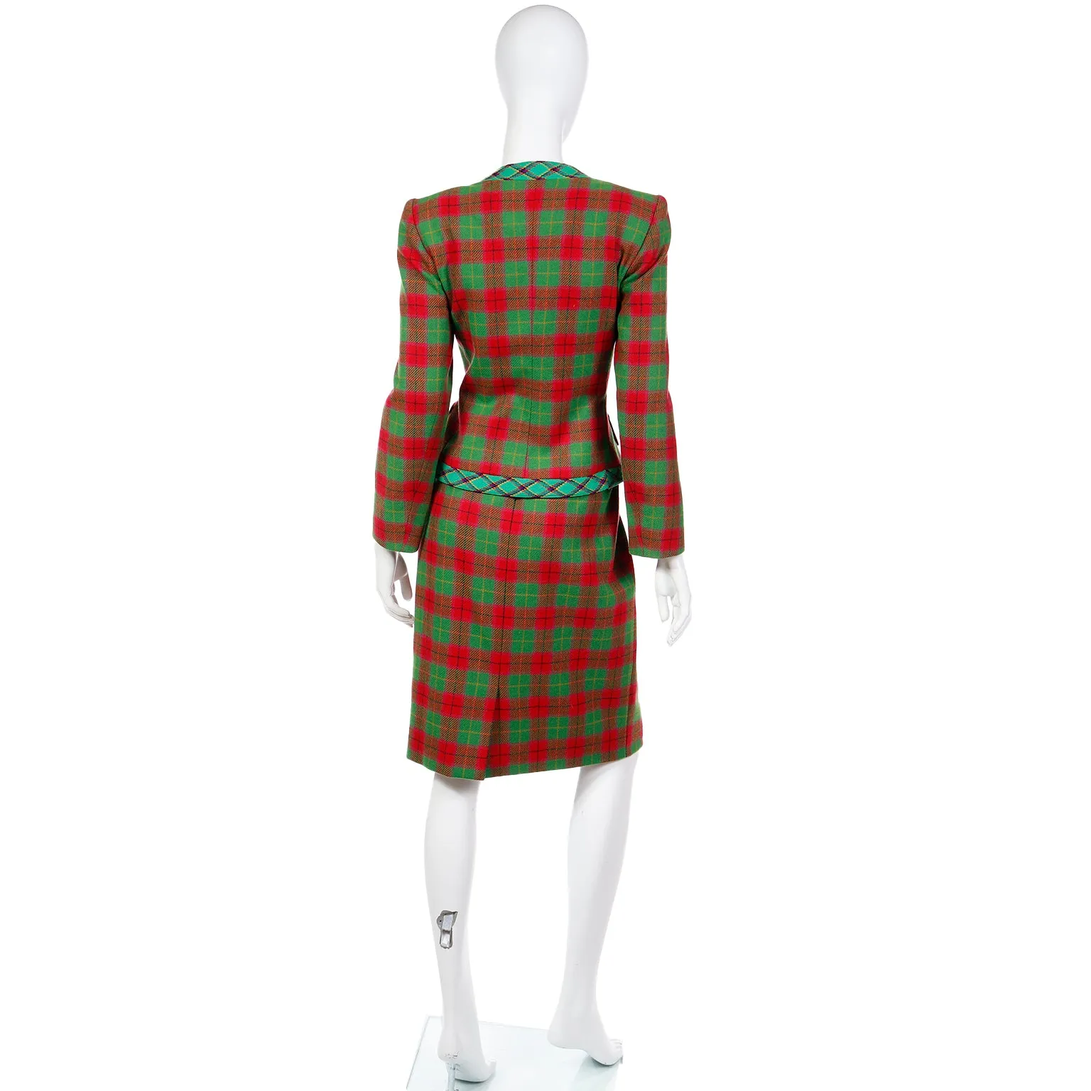 1995 Yves Saint Laurent Red & Green Plaid Cashmere & Wool Skirt Suit