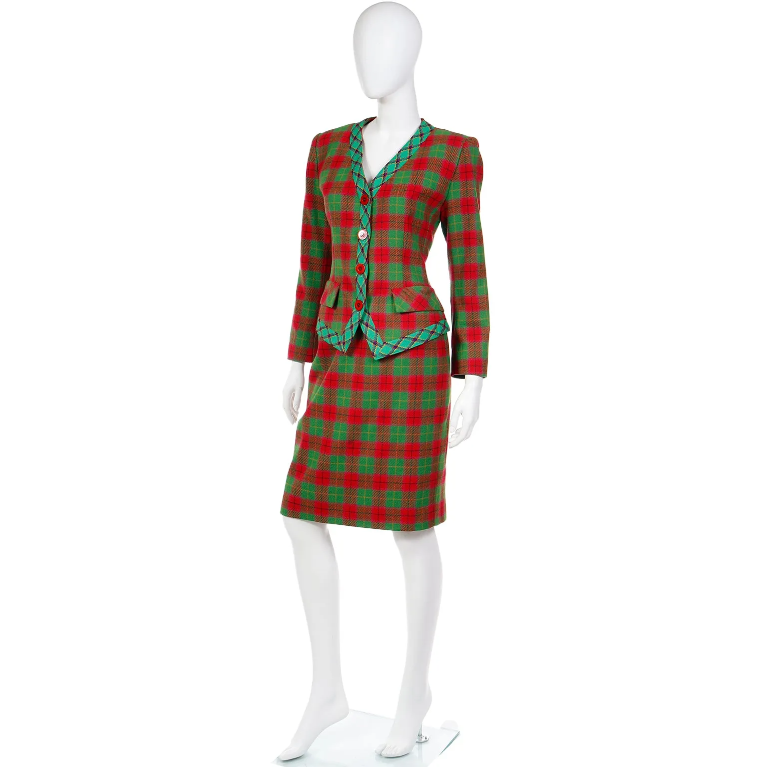 1995 Yves Saint Laurent Red & Green Plaid Cashmere & Wool Skirt Suit