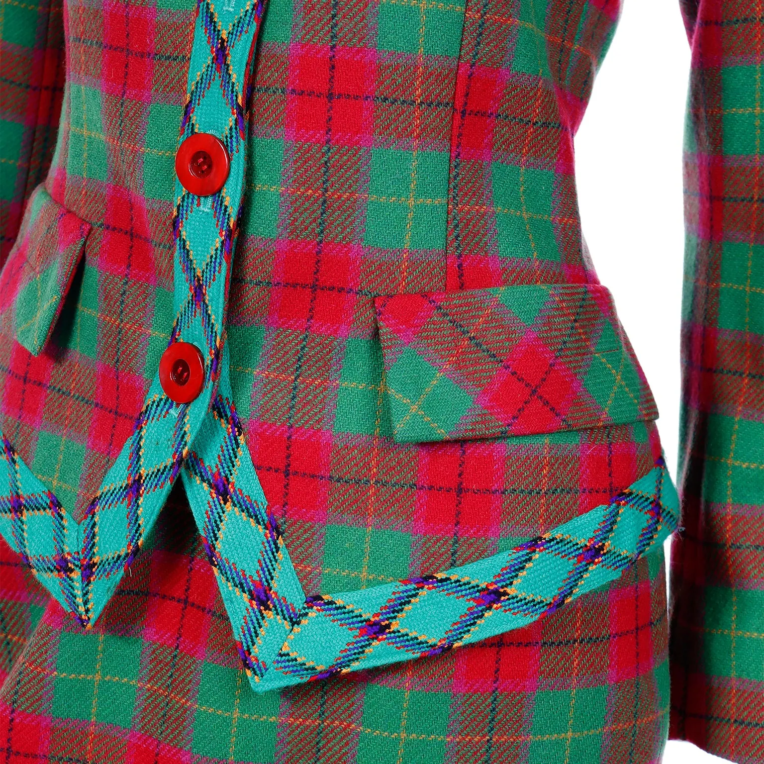 1995 Yves Saint Laurent Red & Green Plaid Cashmere & Wool Skirt Suit