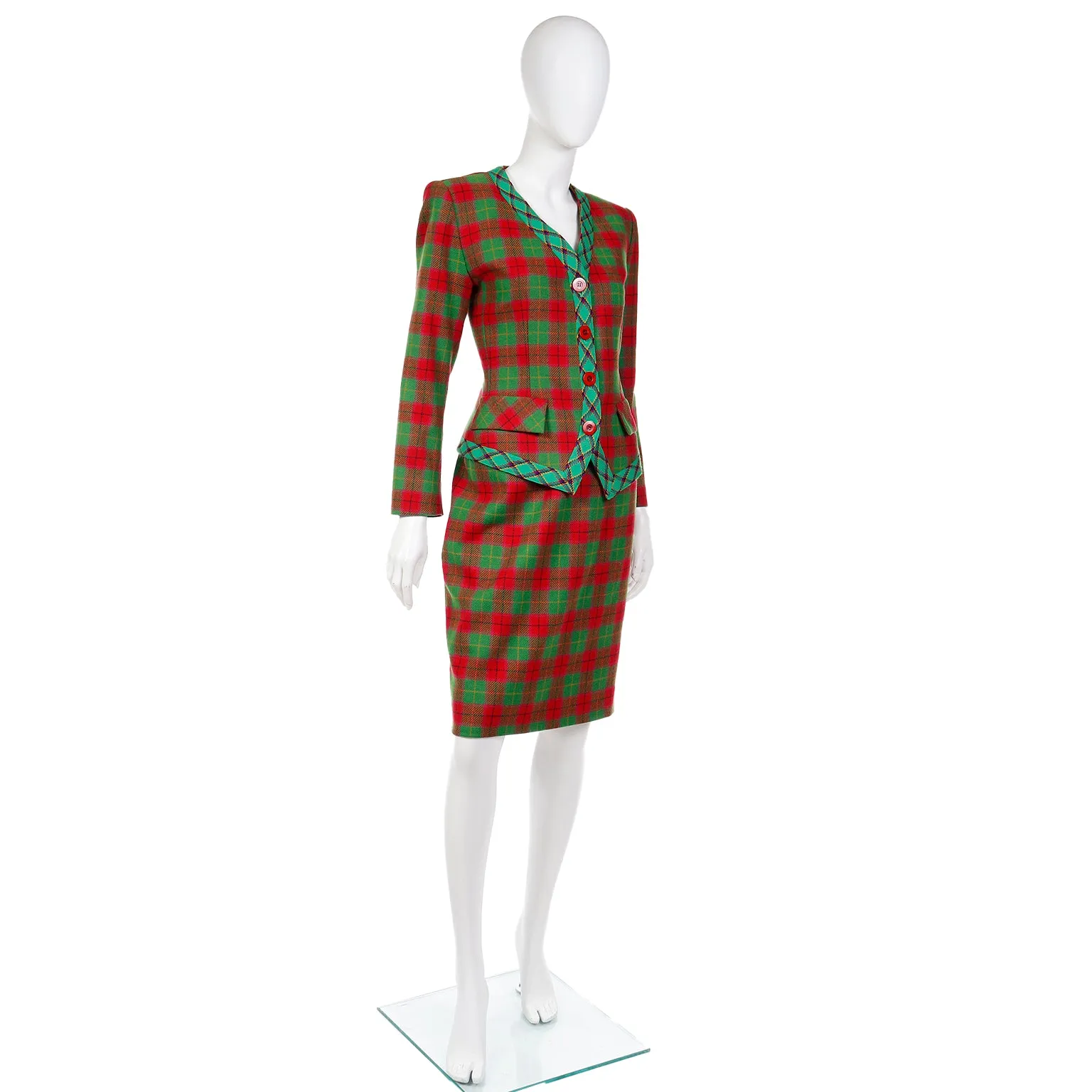 1995 Yves Saint Laurent Red & Green Plaid Cashmere & Wool Skirt Suit