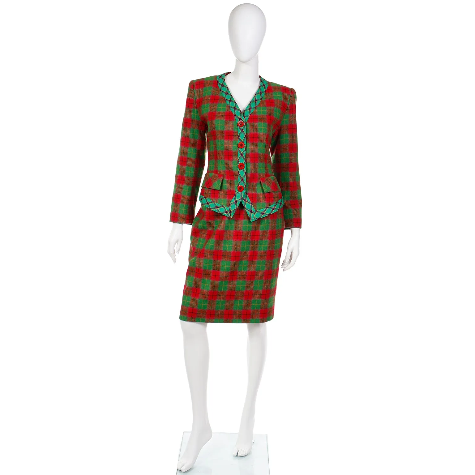 1995 Yves Saint Laurent Red & Green Plaid Cashmere & Wool Skirt Suit