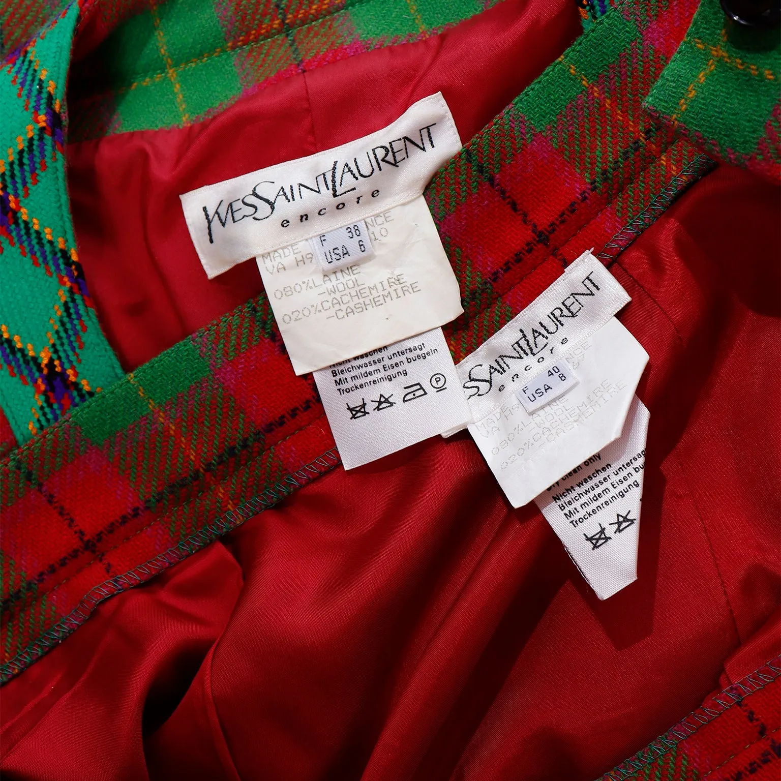 1995 Yves Saint Laurent Red & Green Plaid Cashmere & Wool Skirt Suit