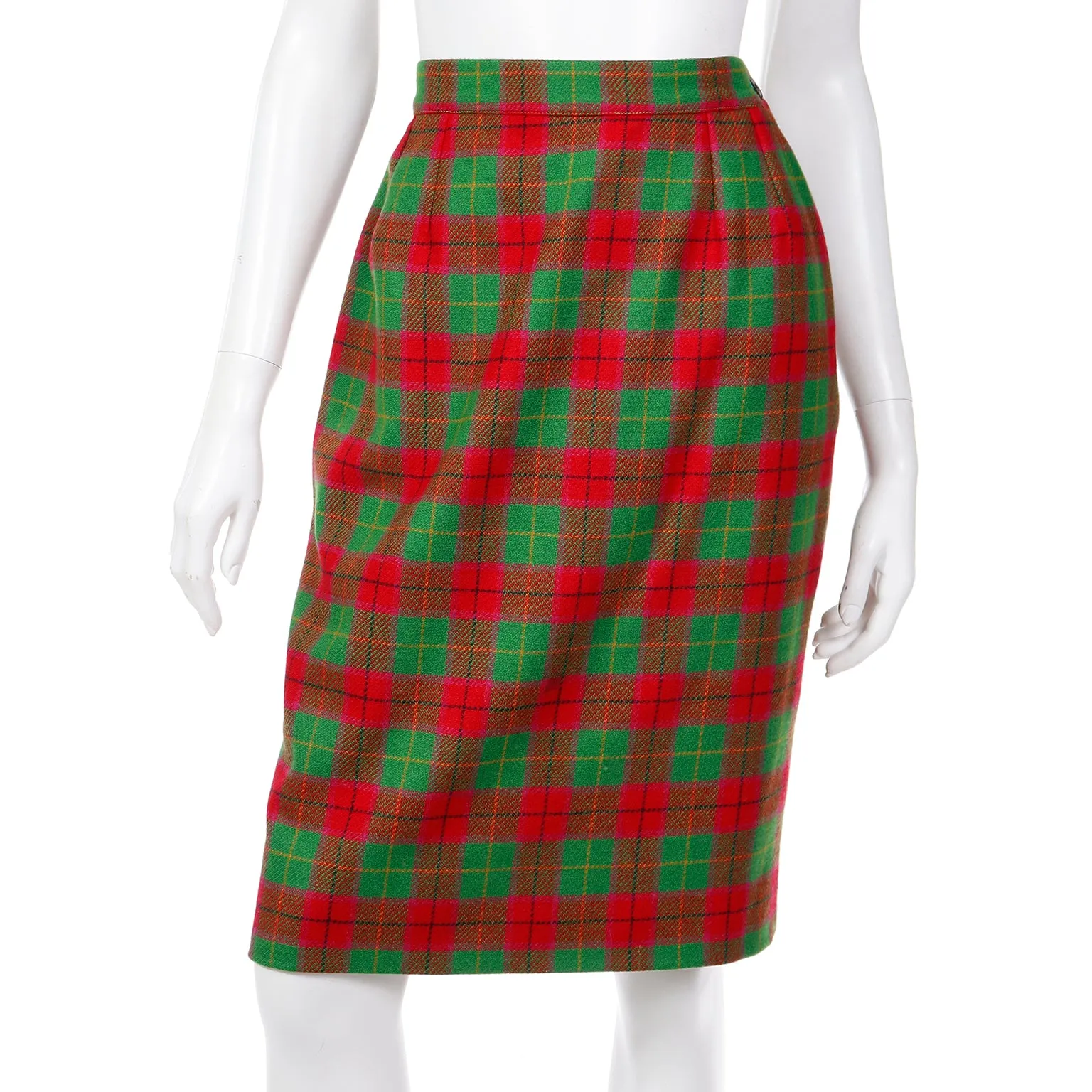 1995 Yves Saint Laurent Red & Green Plaid Cashmere & Wool Skirt Suit