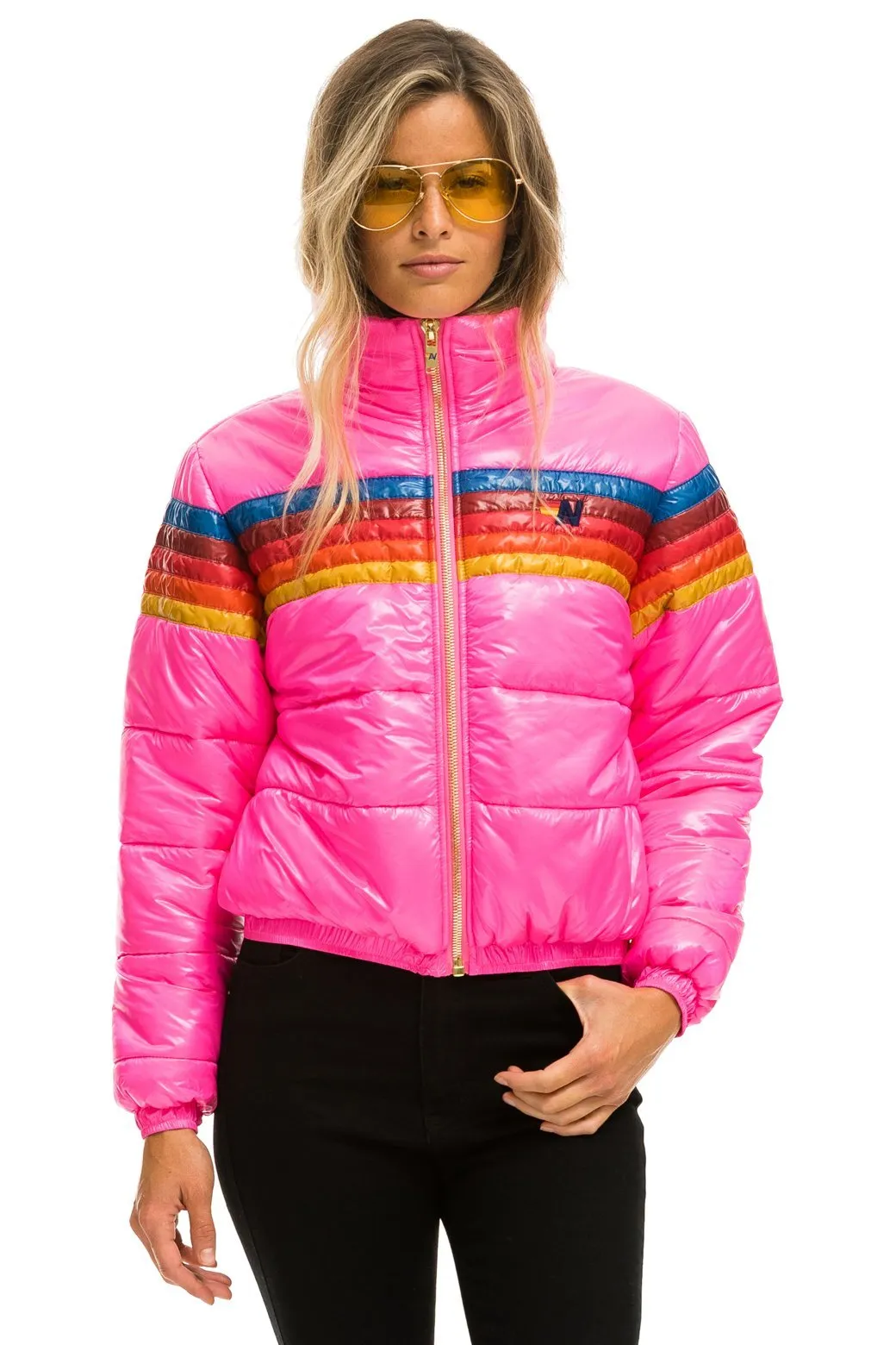 5 STRIPE LUXE APRES PUFFER JACKET - GLOSSY NEON PINK