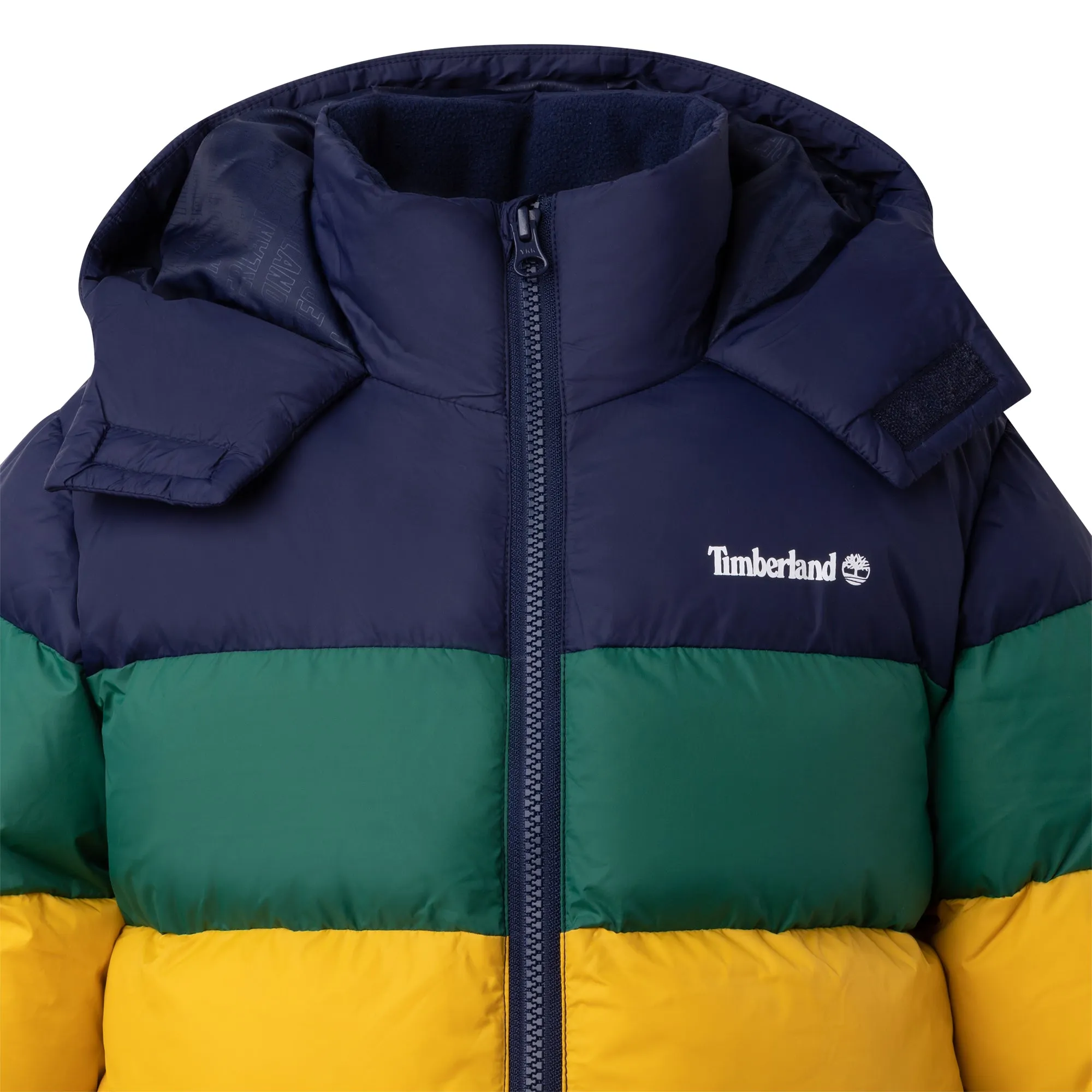 AW23 Timberland Boys Navy Blue, Green & Yellow Puffer Coat