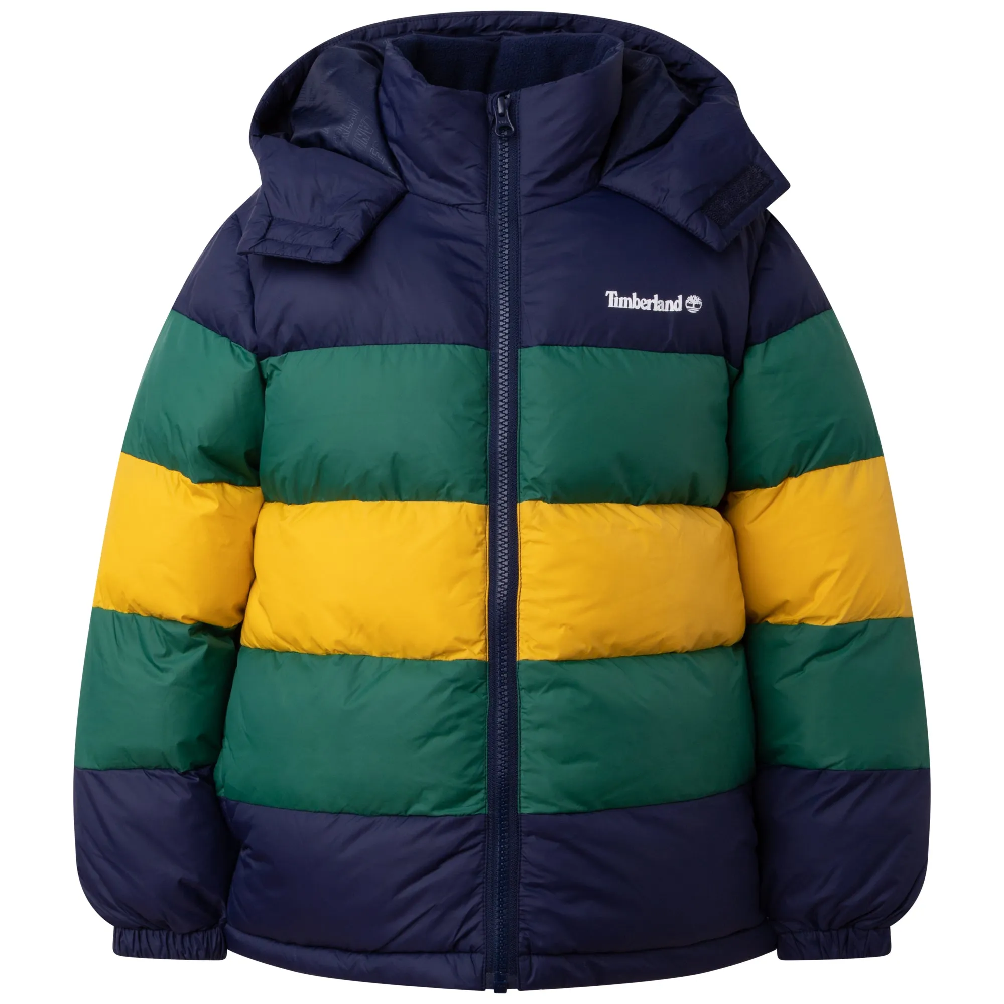 AW23 Timberland Boys Navy Blue, Green & Yellow Puffer Coat