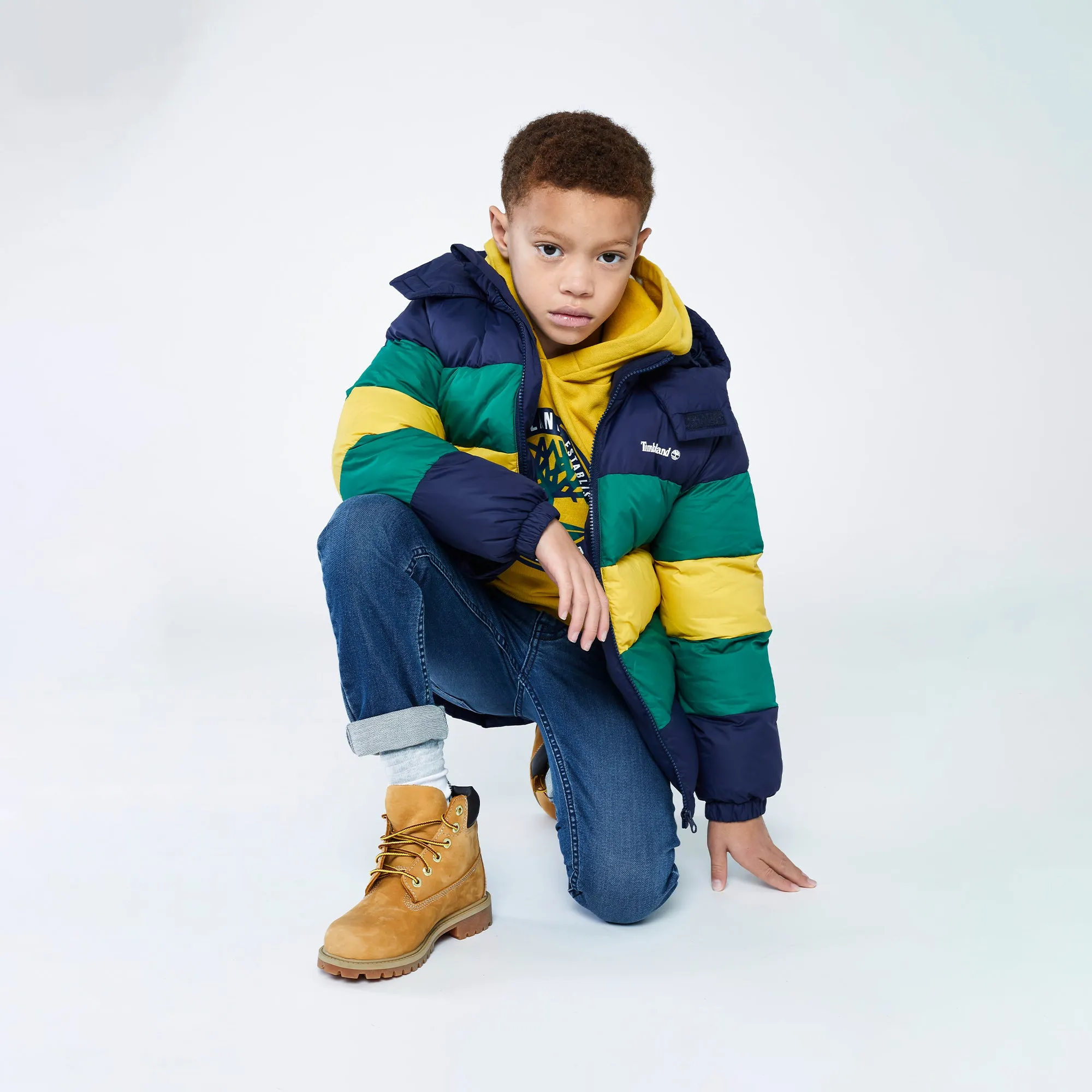 AW23 Timberland Boys Navy Blue, Green & Yellow Puffer Coat