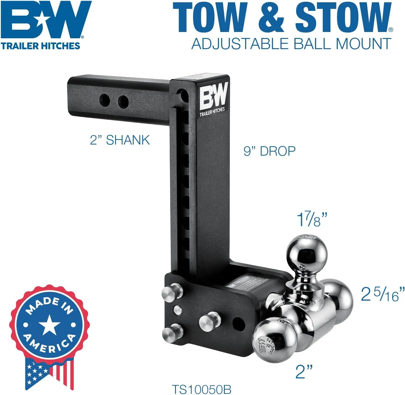 B&W Trailer Hitches Tow & Stow Adjustable Trailer Hitch Ball Mount - TS10050B