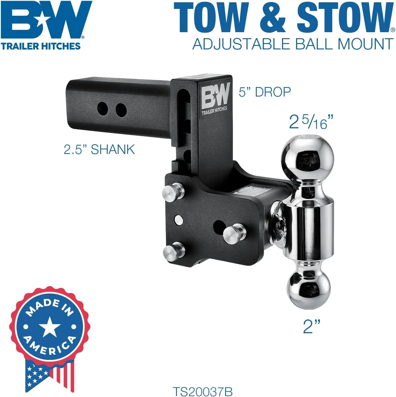 B&W Trailer Hitches Tow & Stow Adjustable Trailer Hitch Ball Mount - TS20037B