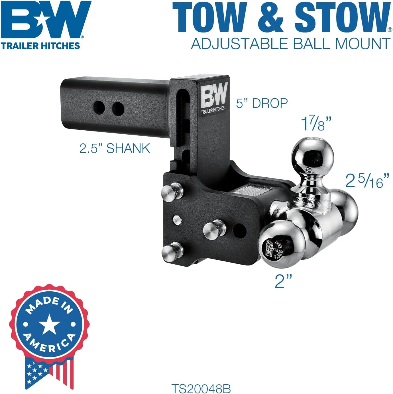 B&W Trailer Hitches Tow & Stow Adjustable Trailer Hitch Ball Mount - TS20048B