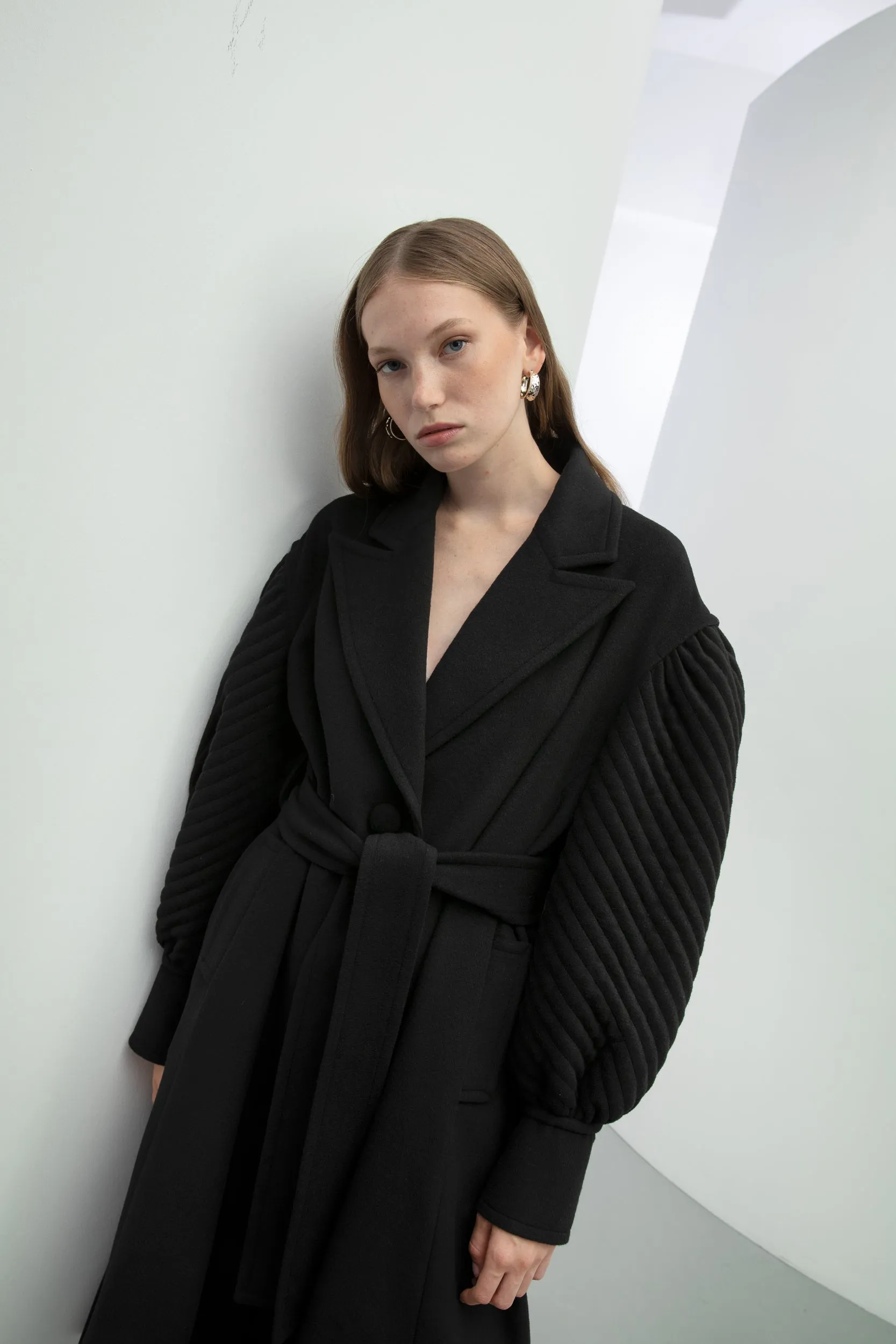 Baqa Quilted Sleeve Belted Coat Black