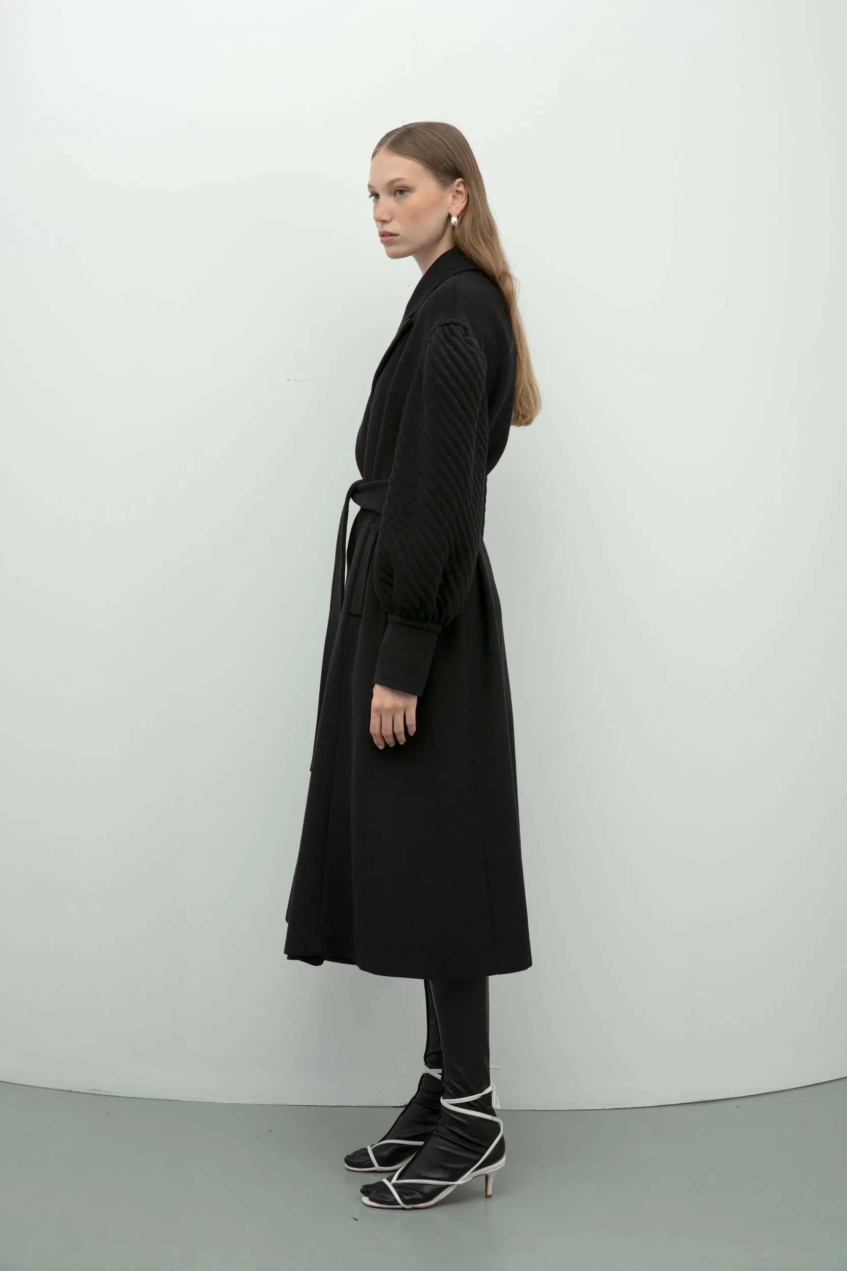 Baqa Quilted Sleeve Belted Coat Black