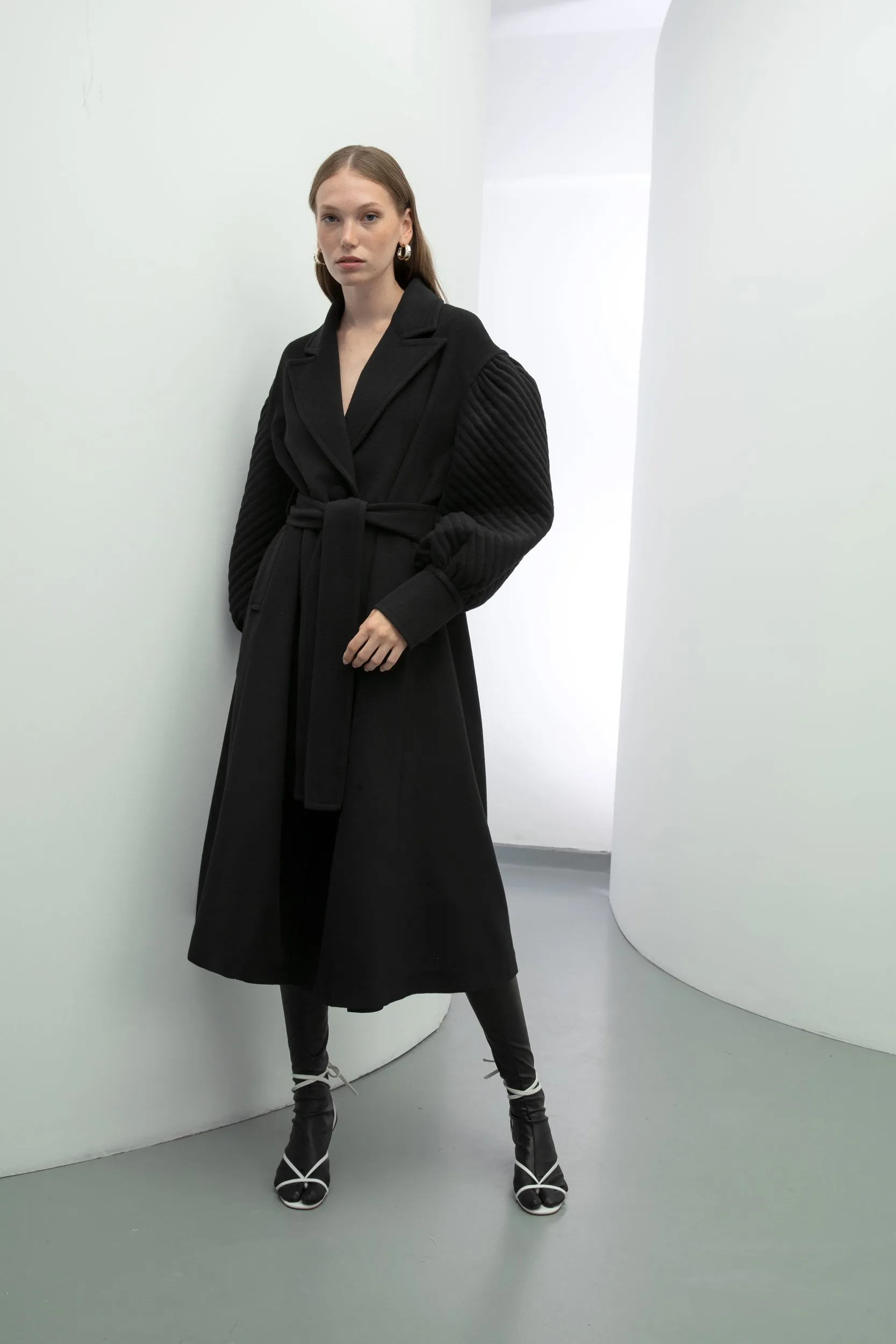 Baqa Quilted Sleeve Belted Coat Black