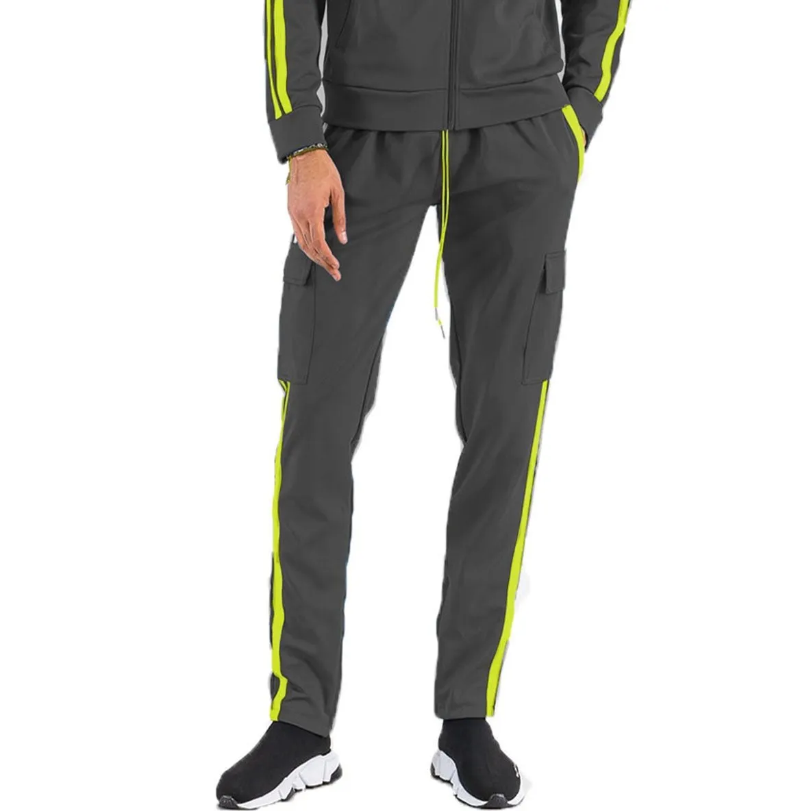 Black & Lime Two-Stripe Cargo Track Pants