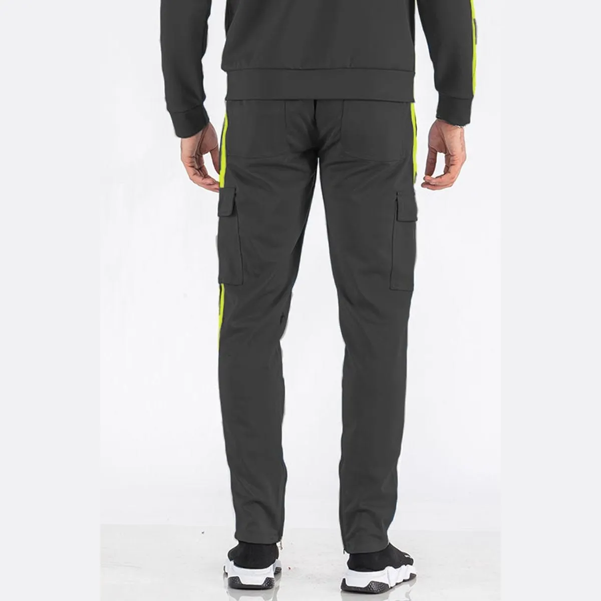 Black & Lime Two-Stripe Cargo Track Pants