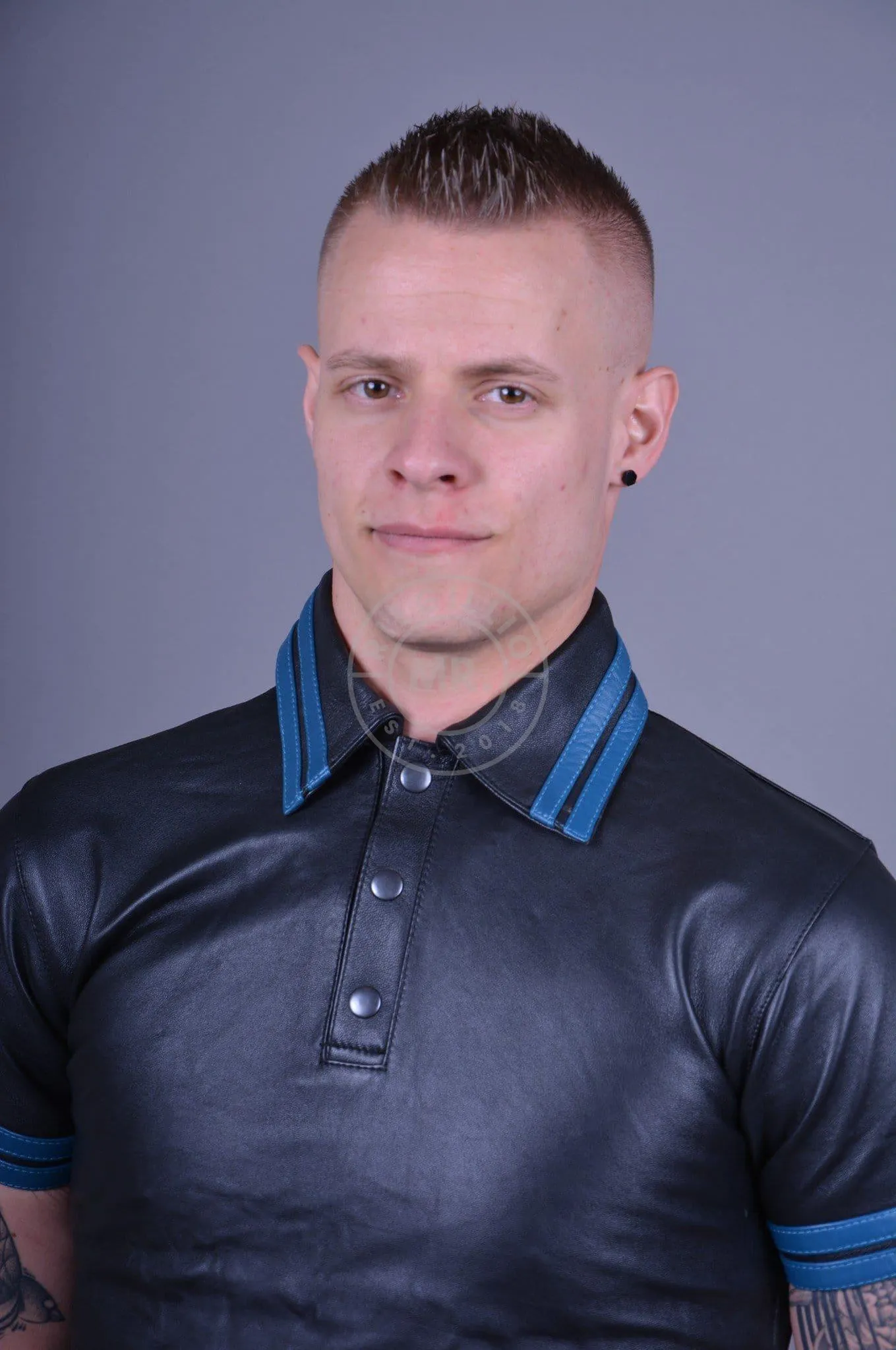 Black Leather Polo - BLUE STRIPES