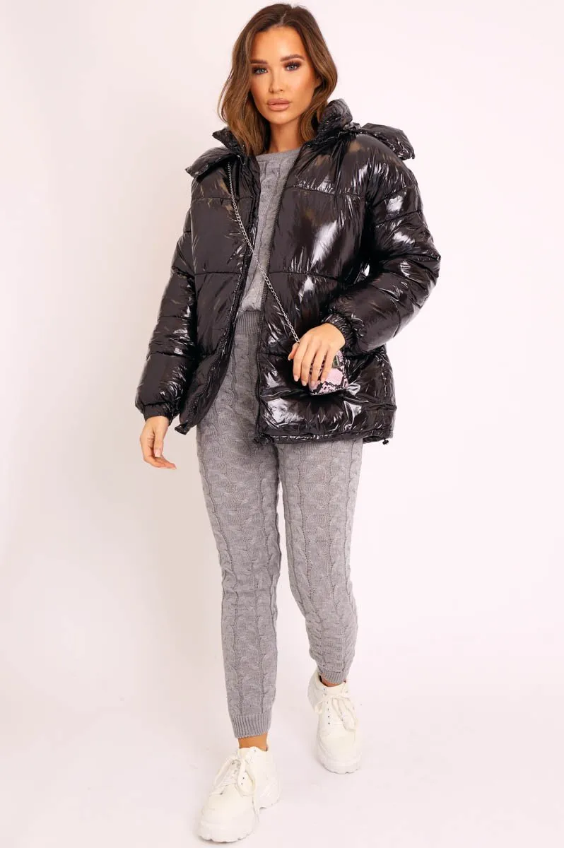 Black Shiny Wet Look Chunky Hooded Puffer Coat - Syra