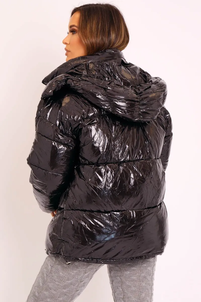 Black Shiny Wet Look Chunky Hooded Puffer Coat - Syra