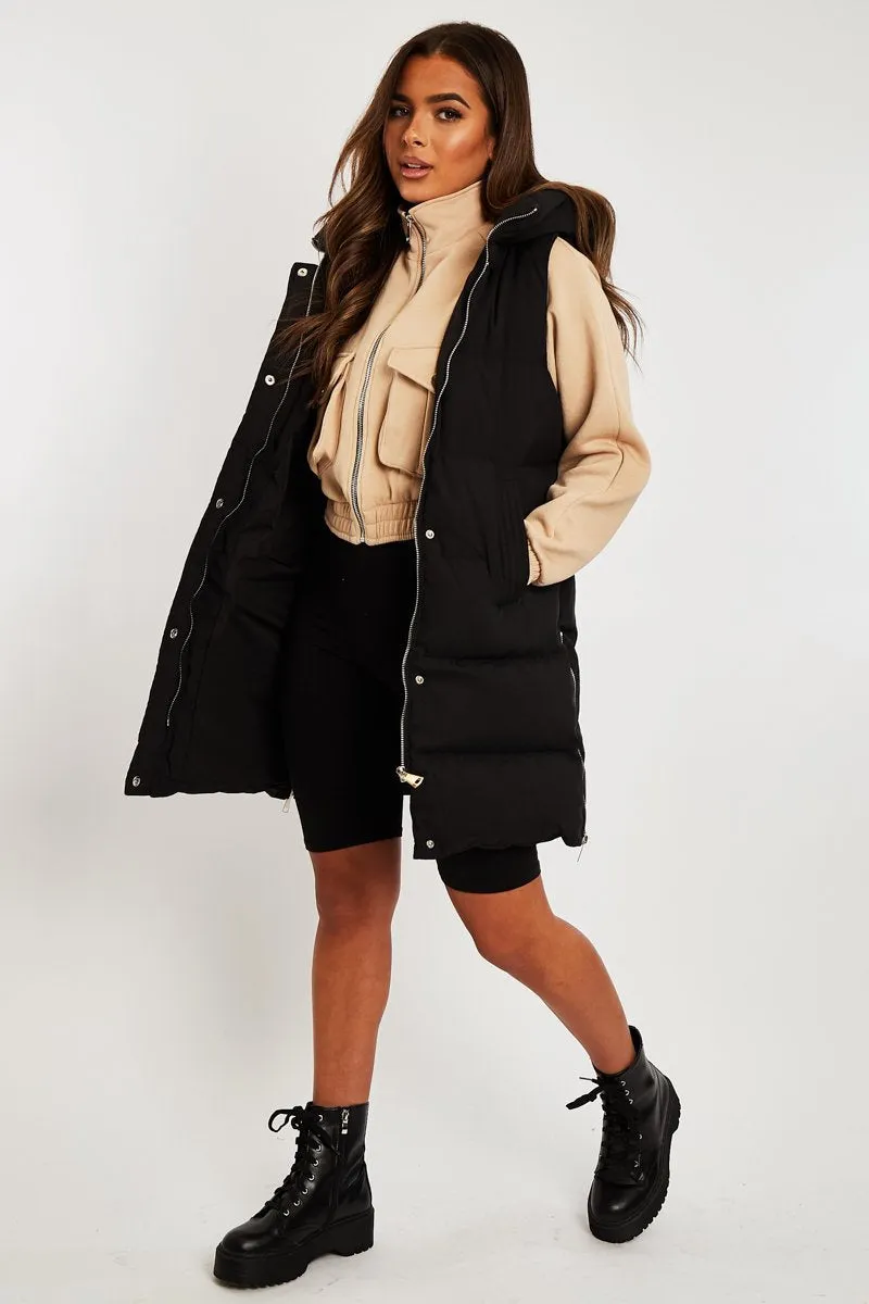 Black Side Zip Long Sleeveless Puffer Coat - Priyah