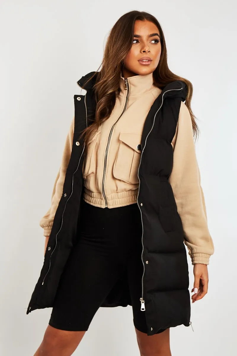 Black Side Zip Long Sleeveless Puffer Coat - Priyah