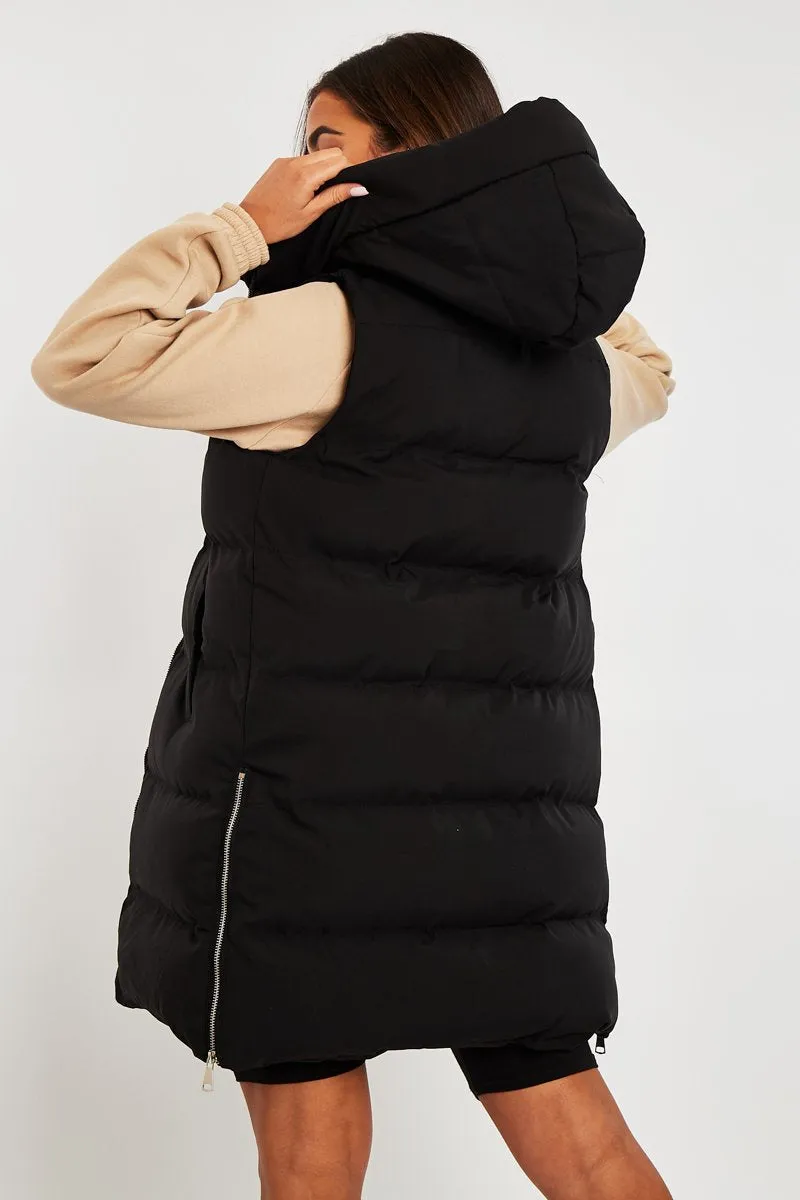 Black Side Zip Long Sleeveless Puffer Coat - Priyah