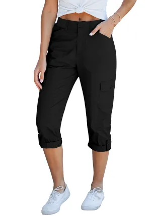 Black Women's High Wasited Cargo Pants Cuffed Hem Elastic Waist Capri Pants With Pockets