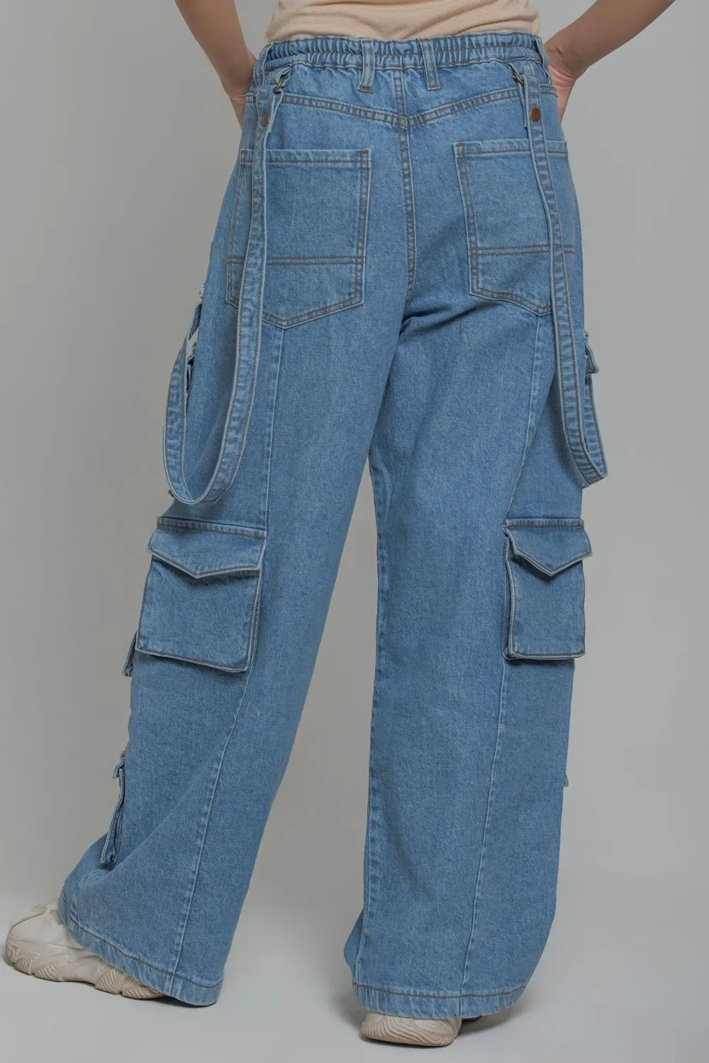 Blue Multi Pocket Cargo Jeans-Women