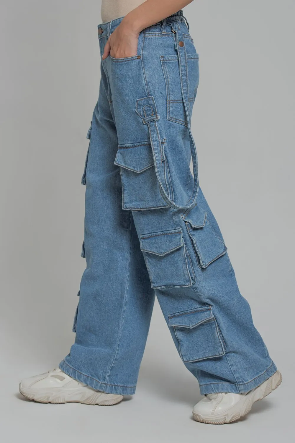 Blue Multi Pocket Cargo Jeans-Women