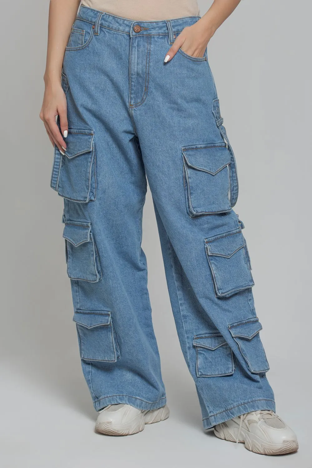 Blue Multi Pocket Cargo Jeans-Women