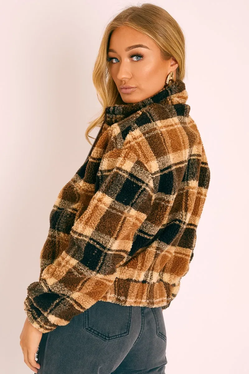 Brown Checked Zip Up Front Teddy Jacket - Adriane