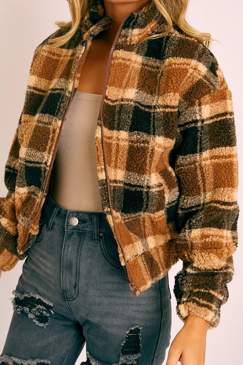 Brown Checked Zip Up Front Teddy Jacket - Adriane