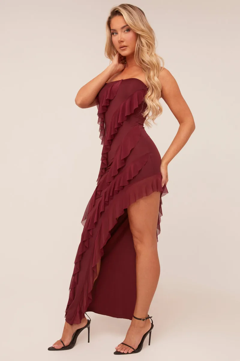 Burgundy Bandeau Frill Detail Maxi Dress - Gillian