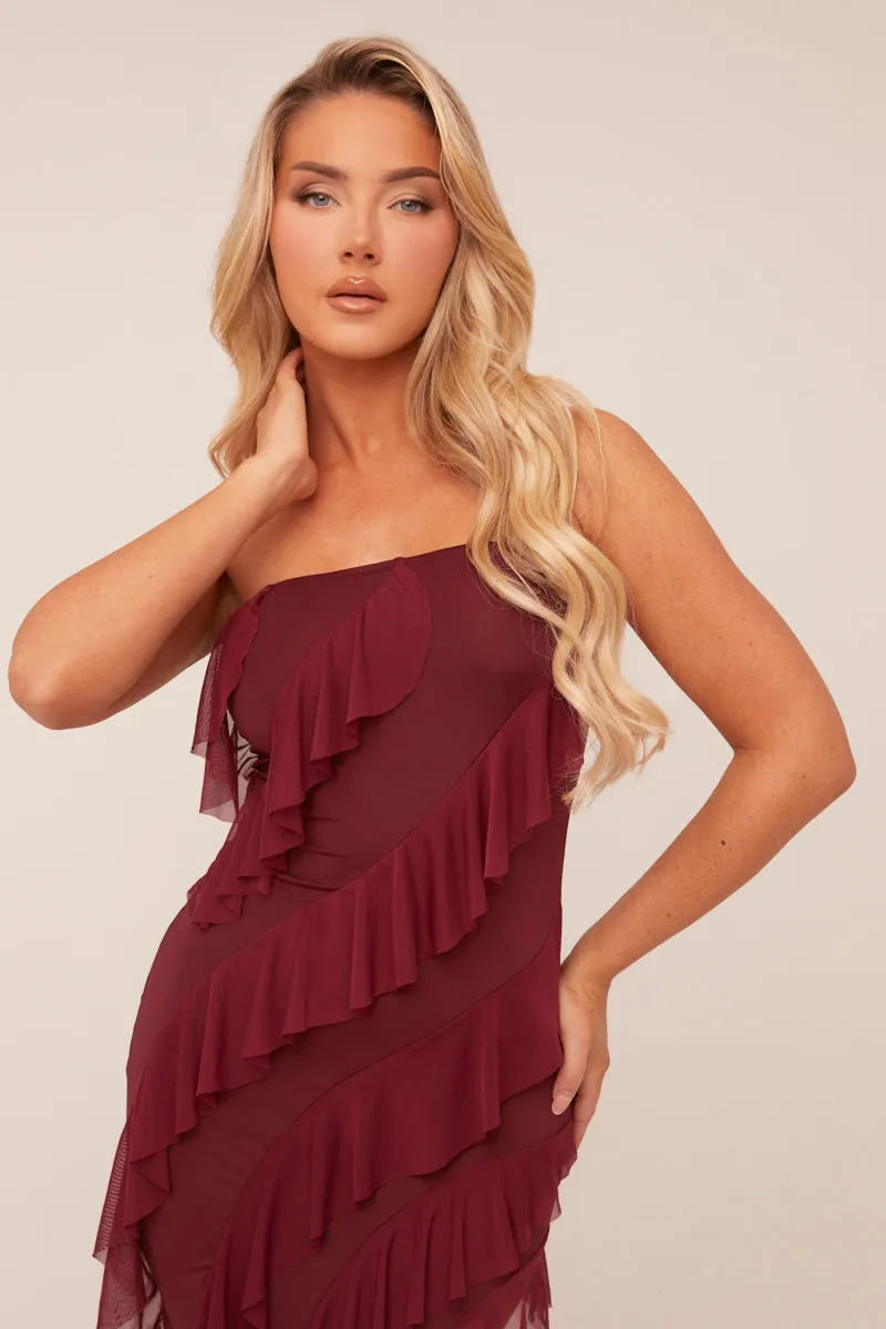 Burgundy Bandeau Frill Detail Maxi Dress - Gillian