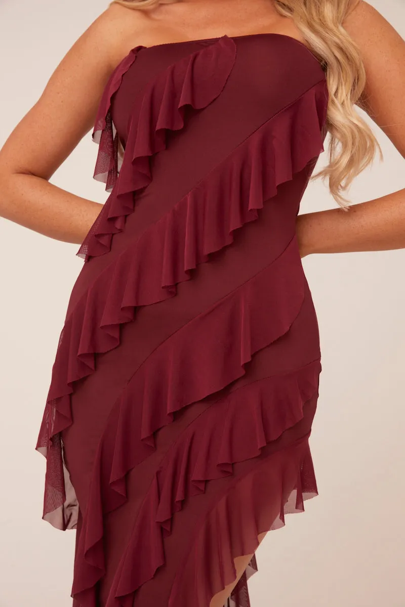 Burgundy Bandeau Frill Detail Maxi Dress - Gillian