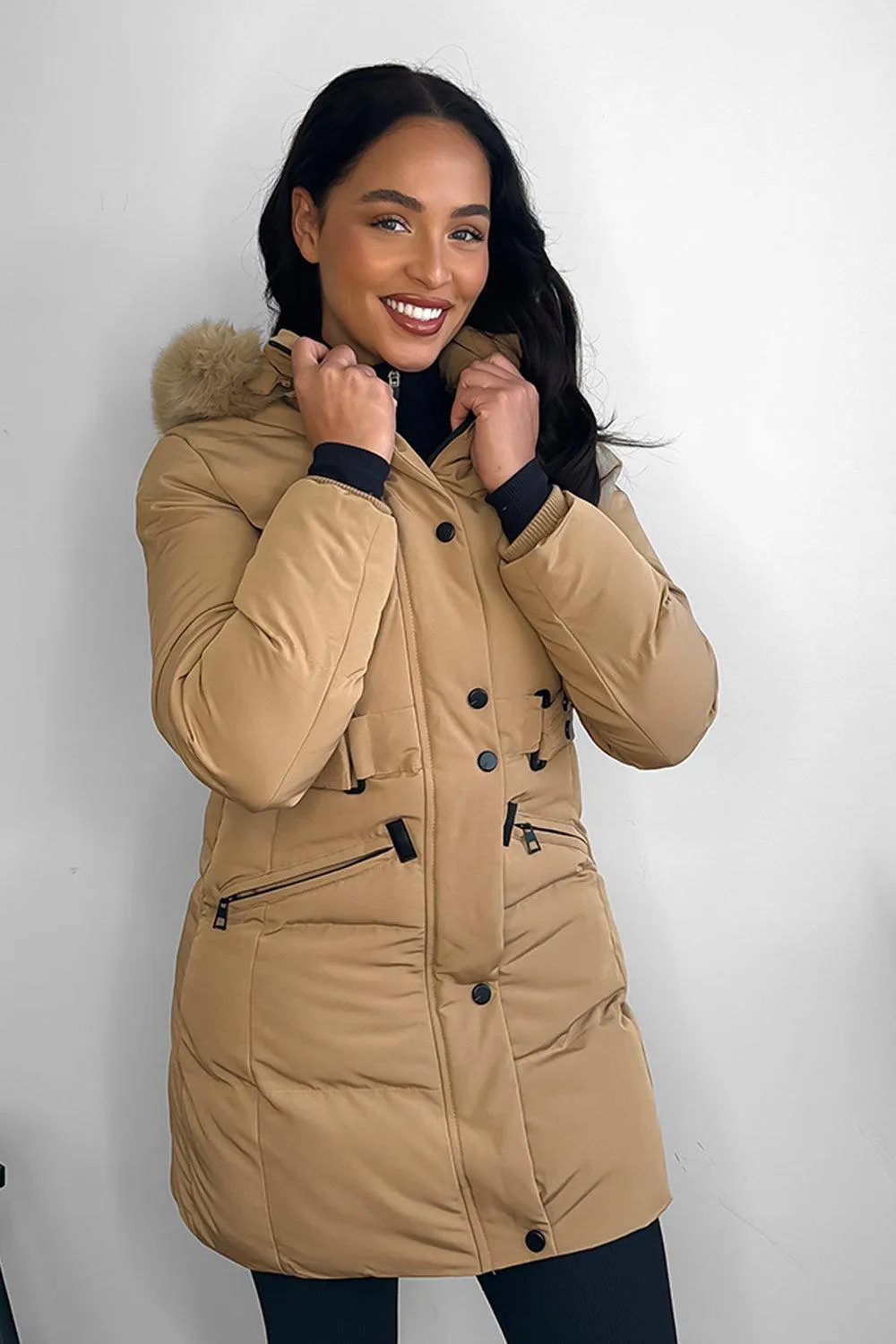 Camel Faux Fur Dark Handwear Puffer Jacket