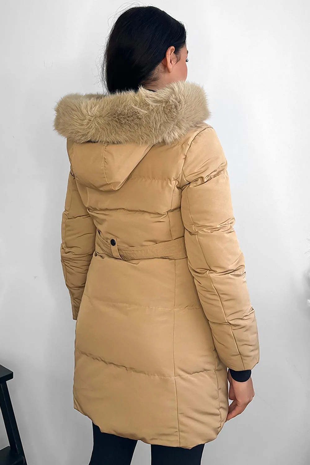 Camel Faux Fur Dark Handwear Puffer Jacket