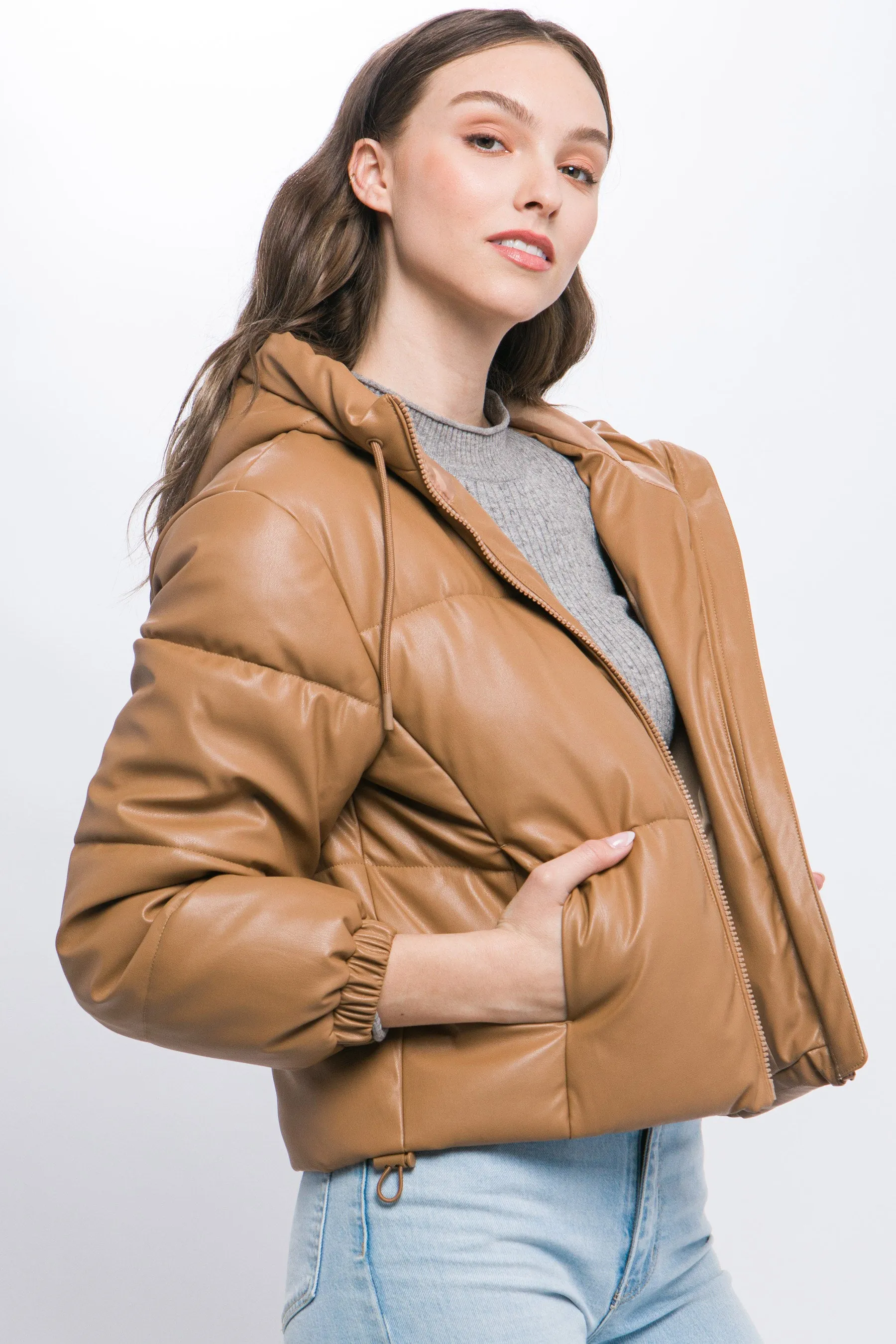 Camel PU Faux Leather Hooded Puffer Jacket – Bold & Cozy Style by Fashion M&J