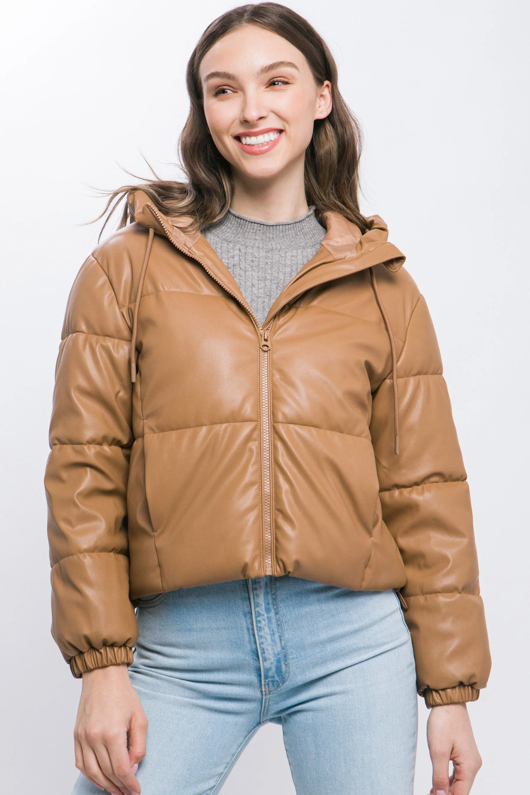 Camel PU Faux Leather Hooded Puffer Jacket – Bold & Cozy Style by Fashion M&J