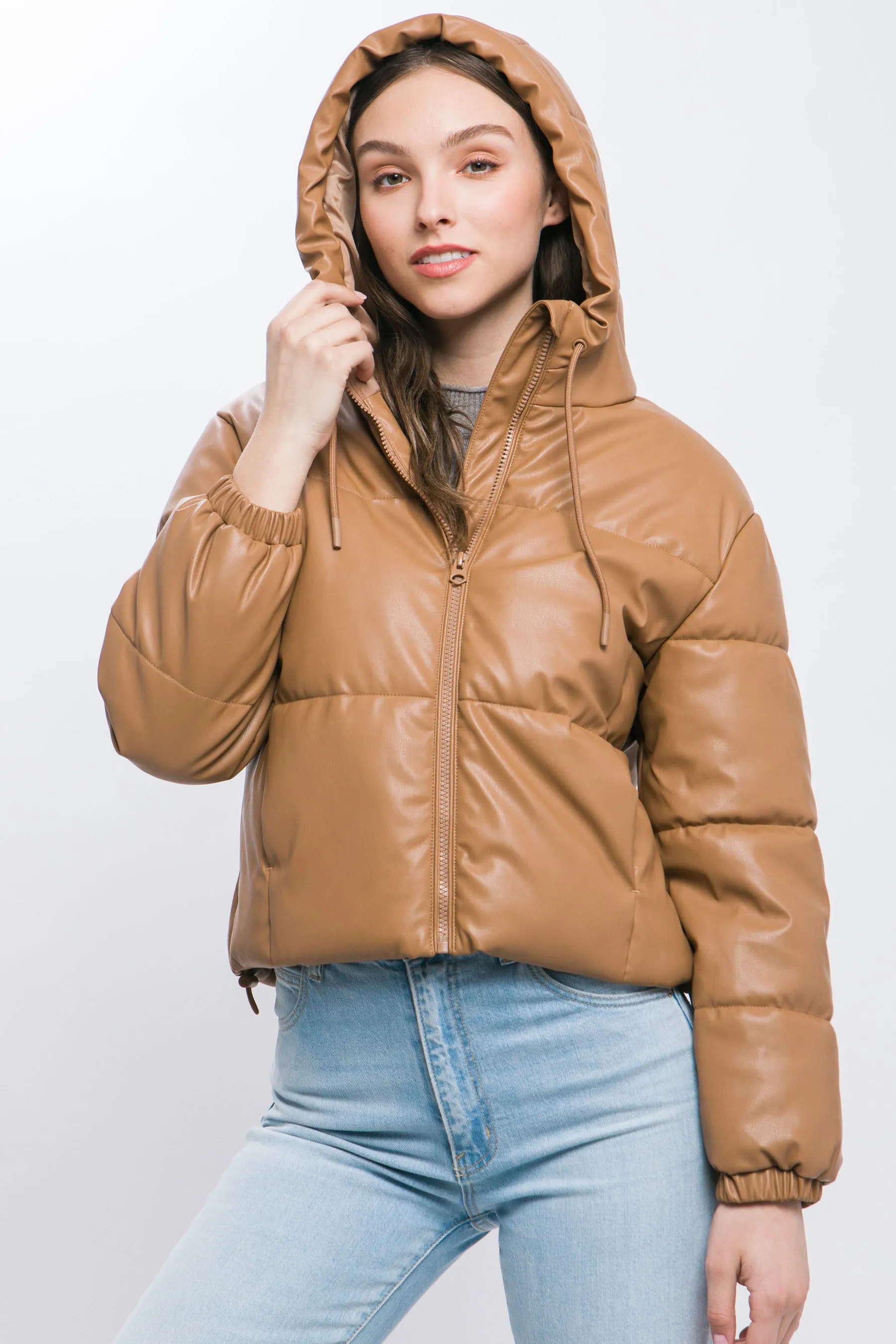 Camel PU Faux Leather Hooded Puffer Jacket – Bold & Cozy Style by Fashion M&J