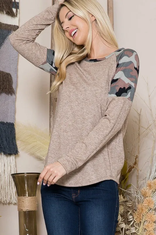 Camouflage Print Contrast Knit Top